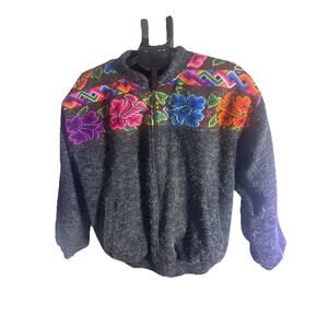 Vintage Guatemalen Coat Boucle Grey Vibrant Color Yoke Hippie Boho Cottagecore